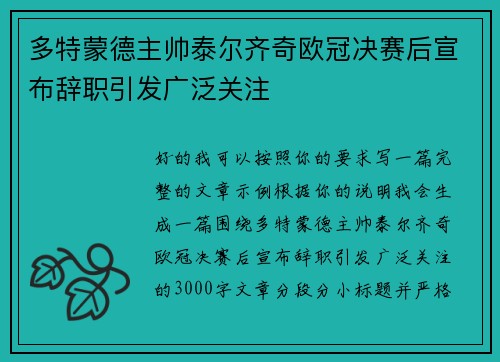 多特蒙德主帅泰尔齐奇欧冠决赛后宣布辞职引发广泛关注 多特蒙德主帅泰尔齐奇欧冠决赛后宣布辞职引发广泛关注